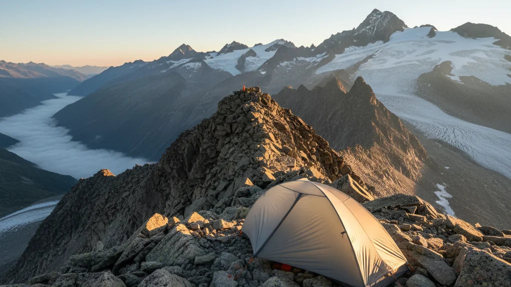 bivouac suisse tente legere haute montagne lever soleil alpes paysage glaciaire