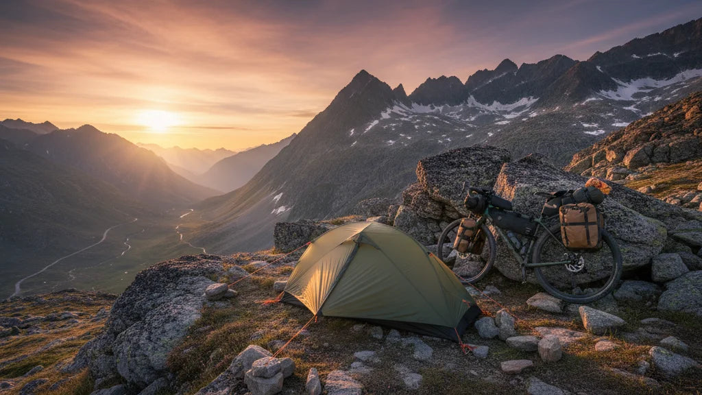 Bivouac en montagne avec tente légère bikepacking et vélo gravel chargé de sacoches
