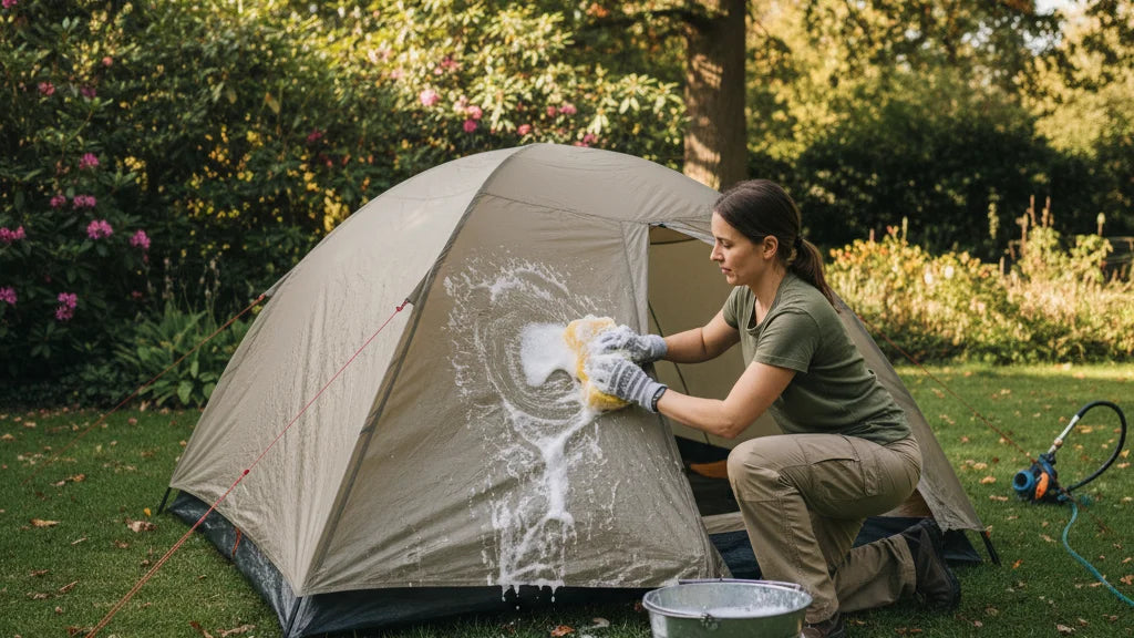 nettoyer une tente extérieur jardin éponge savon camping entretien