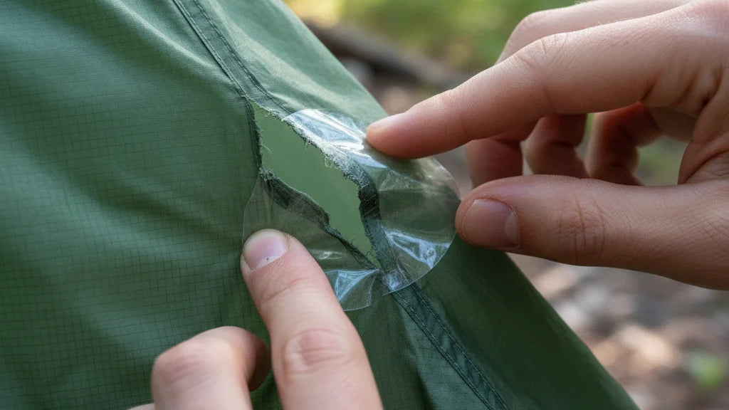 reparer toile de tente patch application mains exterieur technique camping