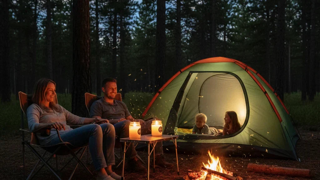 famille camping nuit feu de camp pour repousser les moustiques