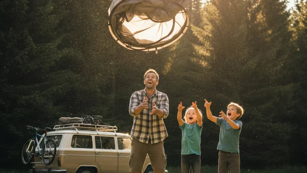 famille lançant une tente 2 secondes 4 places camping