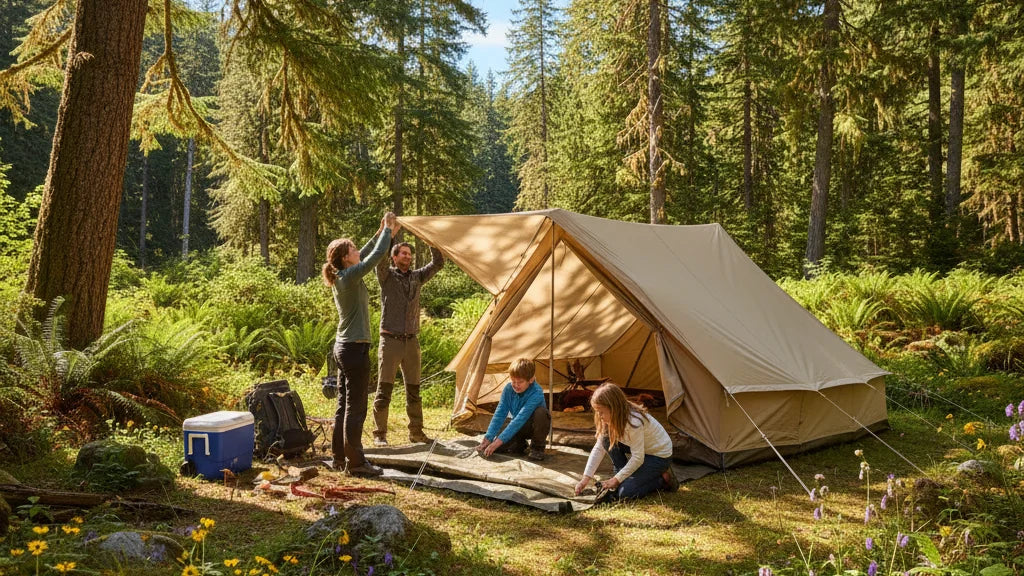 tente 4 personnes famille camping installation verdoyant montage ensemble