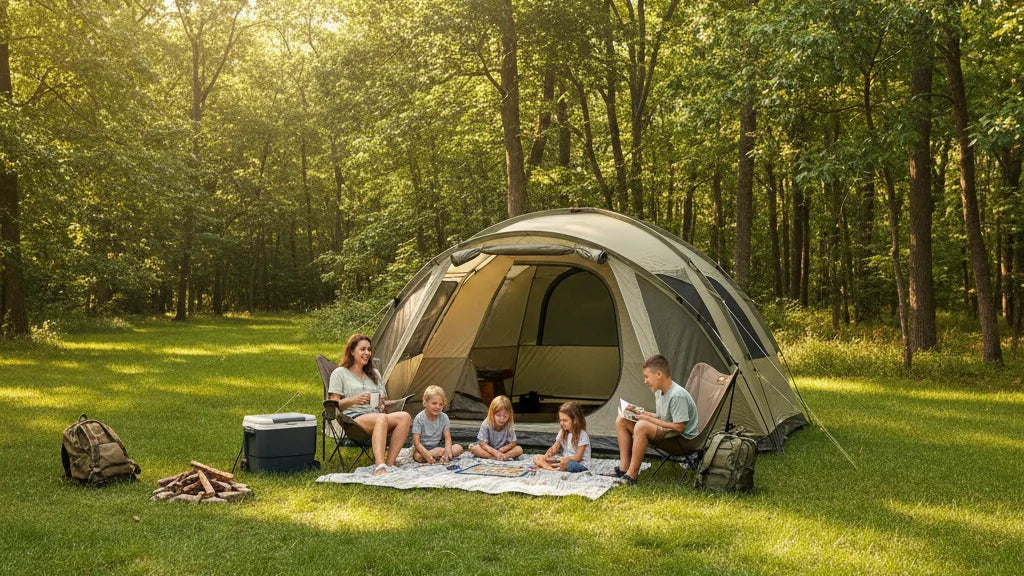 tente 6 personnes famille camping verdoyant installation ete