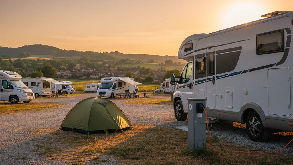 tente montée à côté d'un camping-car sur une aire de camping-car en France réglementation