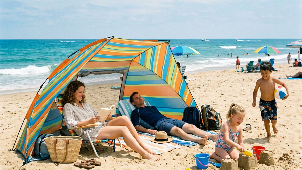 tente de plage famille bord de mer soleil