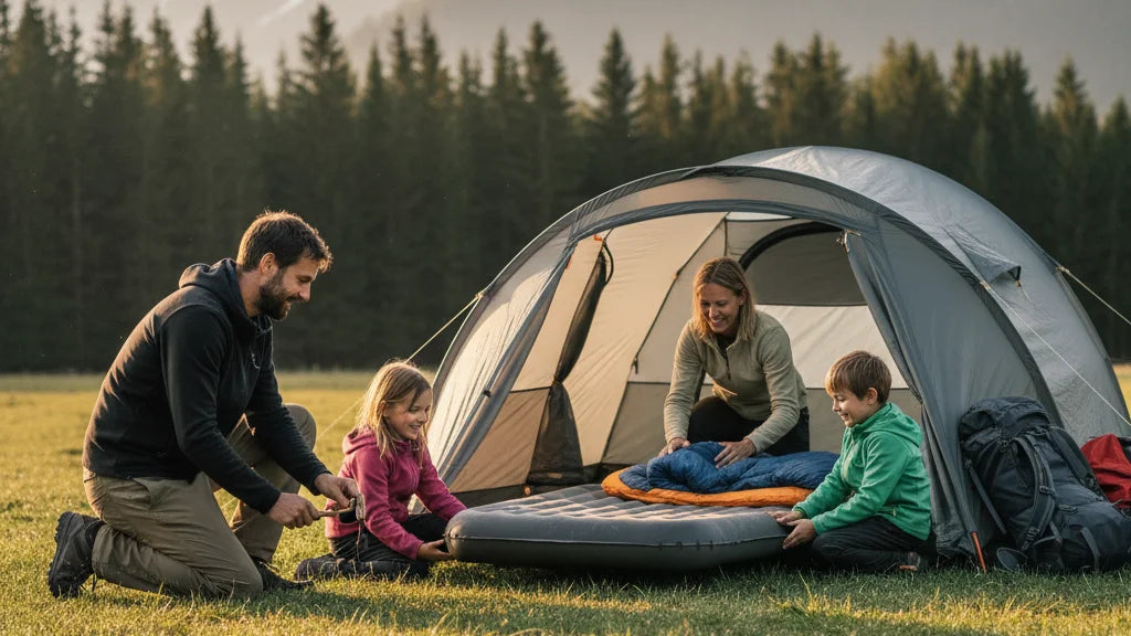 famille montant une tente familiale camping montagne
