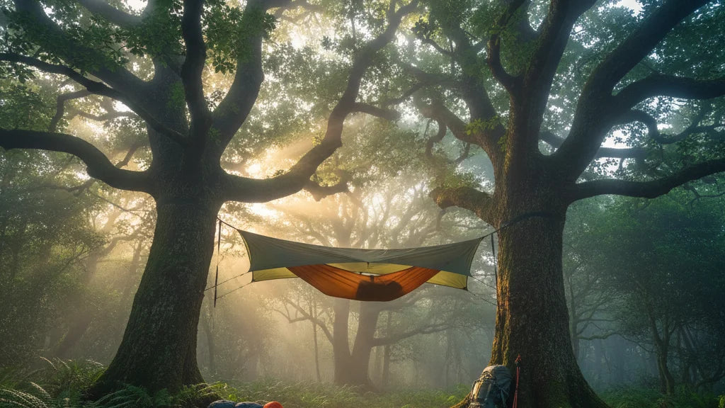 tente suspendue hamac forêt bivouac aube nature outdoor trek