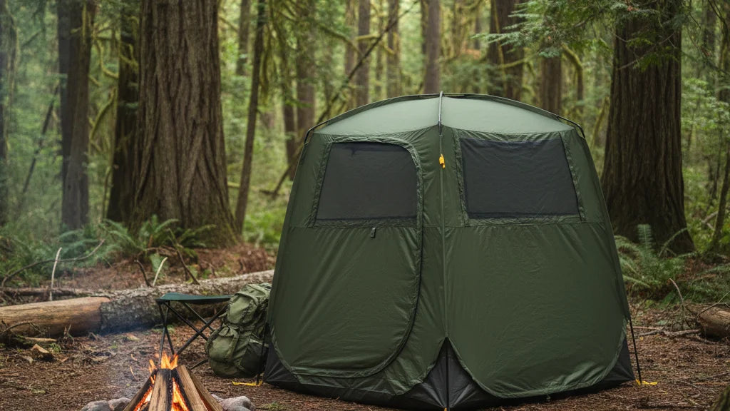 tente toilette pop-up camping forêt installation extérieur