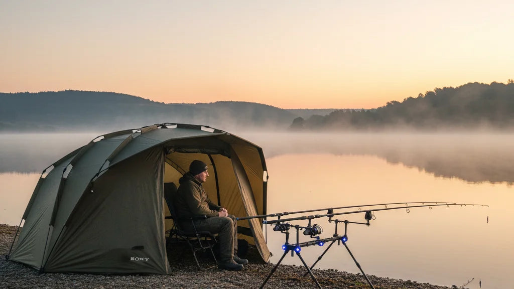 tonnelle peche carpe bord lac lever soleil bivouac carpiste cannes installee