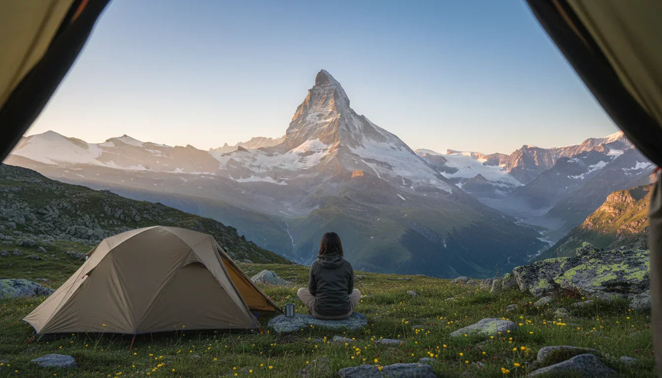 Vue cinématique d’une tente installée en montagne au lever du soleil, avec une personne assise face au Cervin, ambiance camping nature. Photo utilisée comme bannière du site Tente & Co.

