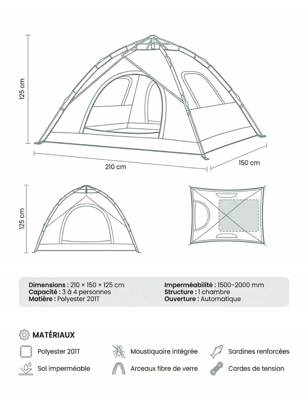 Tente camping 4 places | MONTAGE AUTOMATIQUE 30 SECONDES