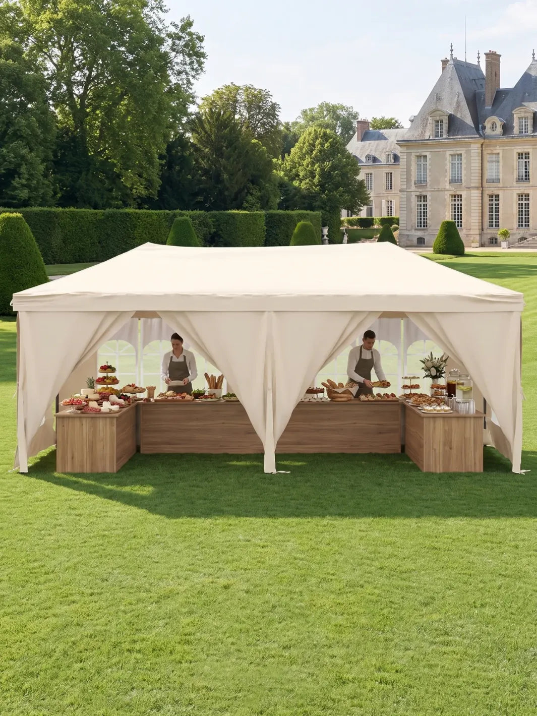 Tente de reception installée pour un buffet lors d'un événement en jardin de château tente et co