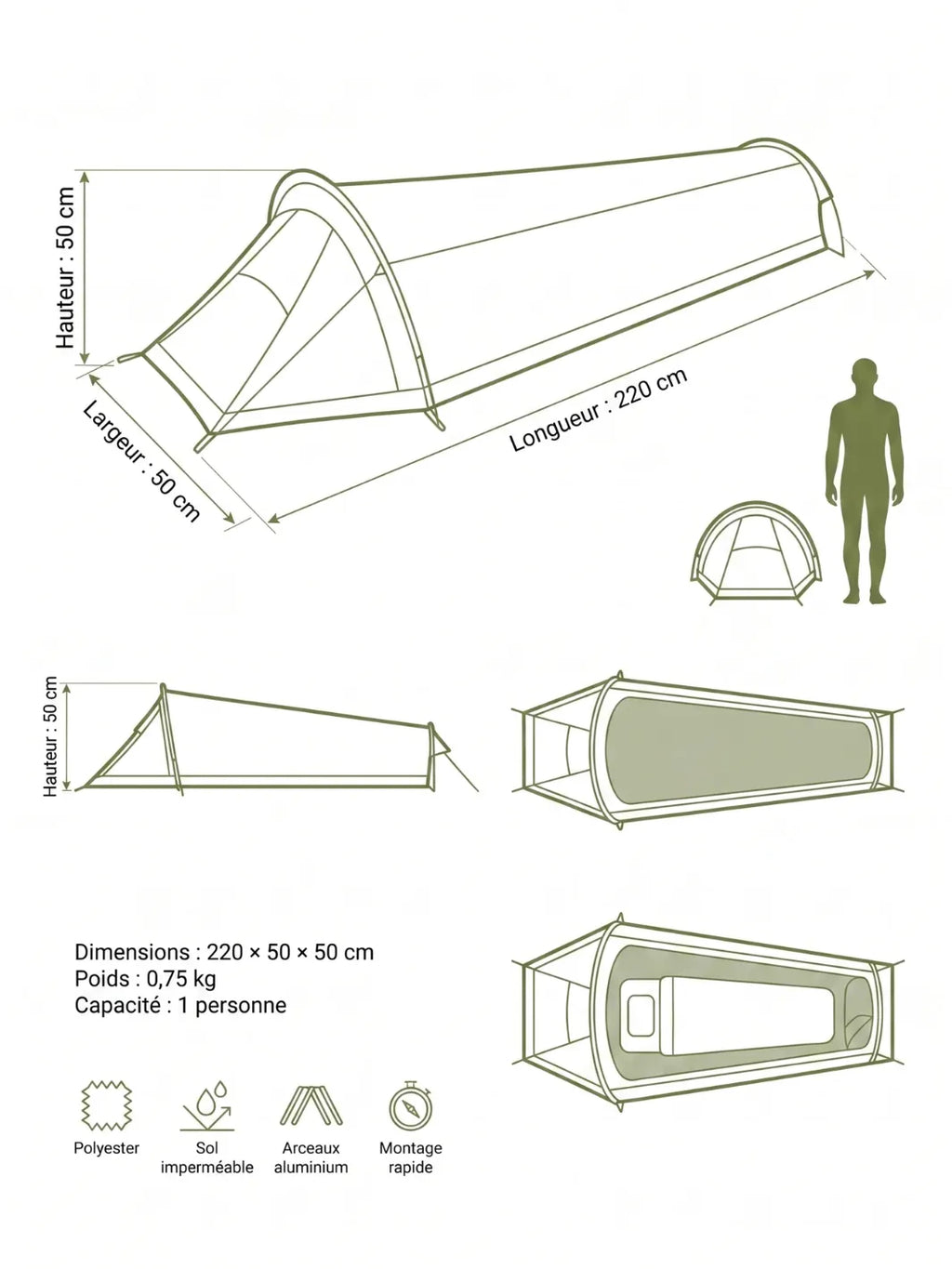 Tente de trekking 1 place | 750G ULTRA-LÉGÈRE