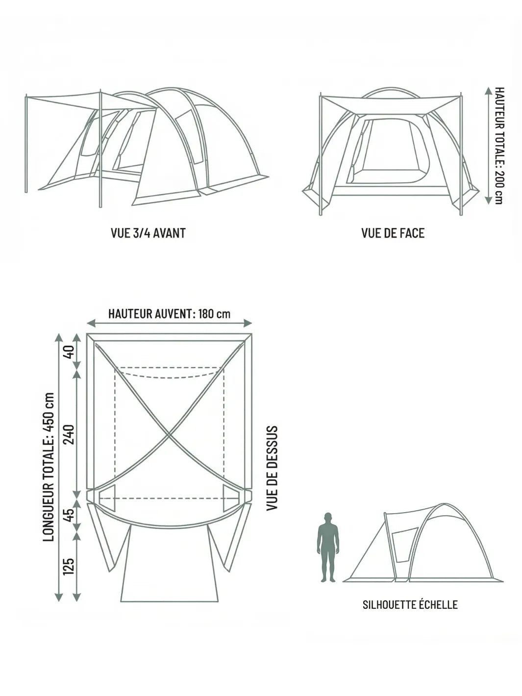Tente dôme 4 personnes | AUVENT MODULABLE INCLUS