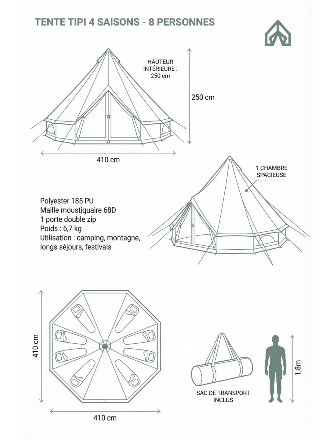 Tente tipi 4 saisons | SPACIEUSE 8 PERSONNES