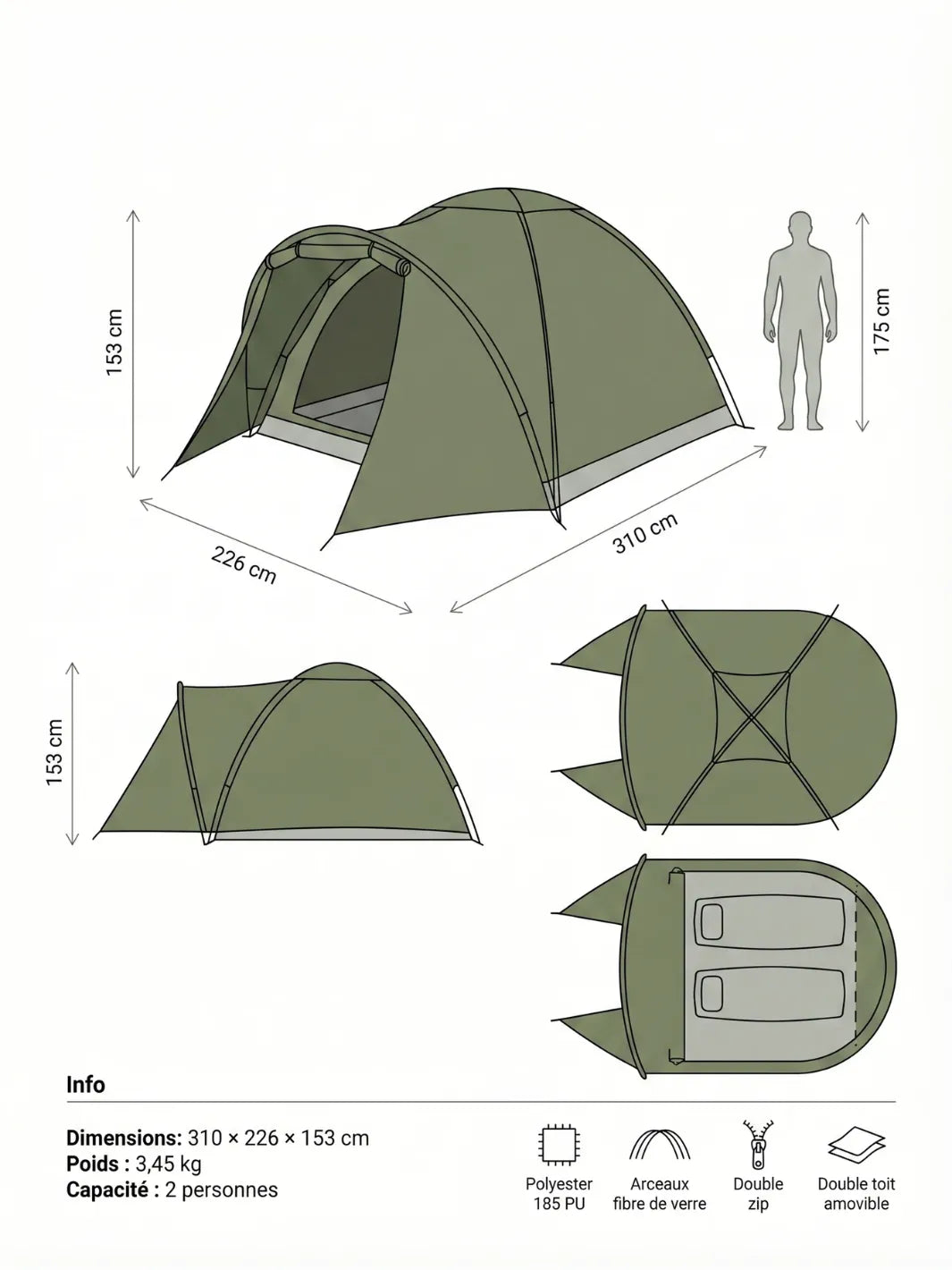 Toile de tente pêche | DEUX PERSONNES CONFORTABLES